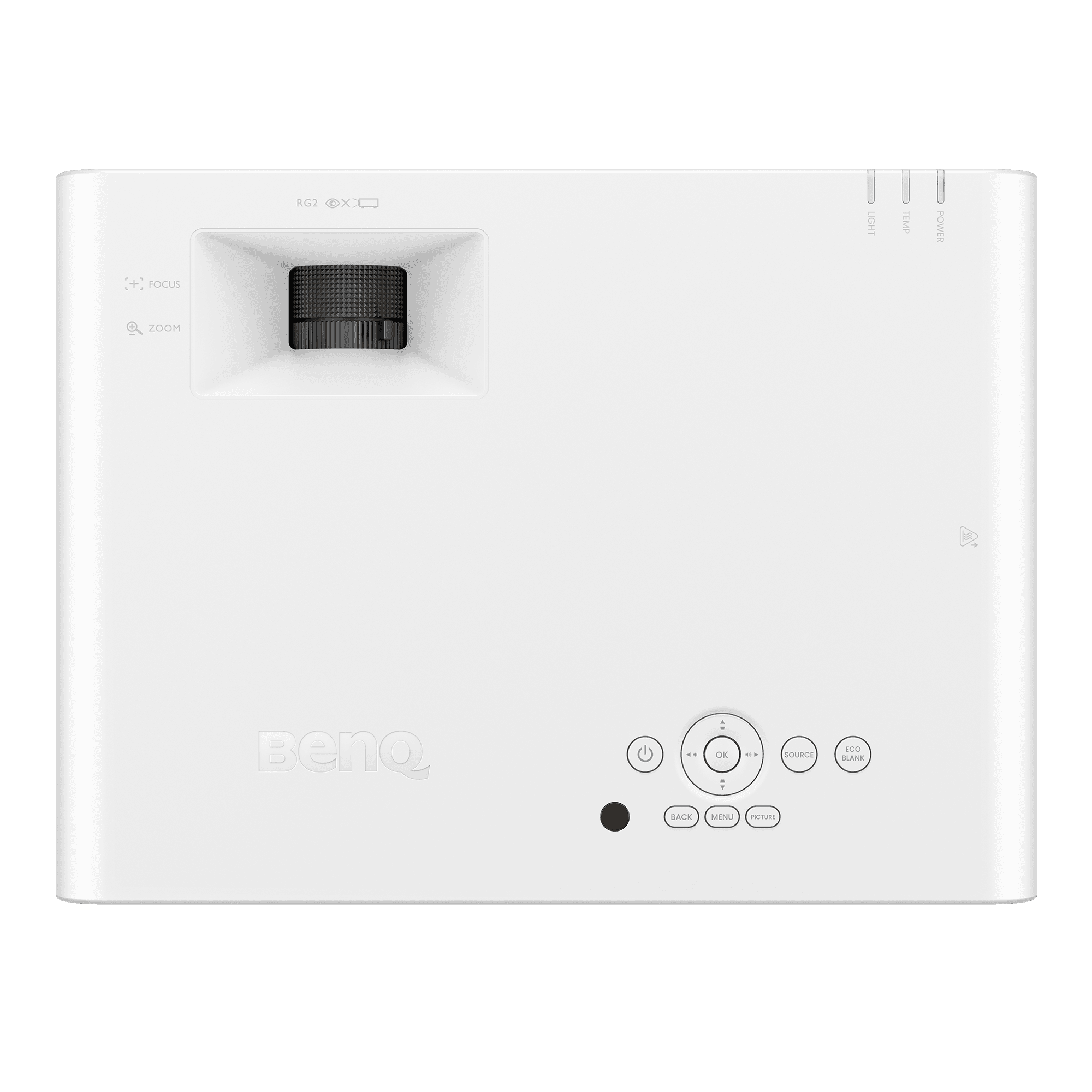 BenQ LH660 laser meeting room projector, top view showing the control keypad and zoom and focus rings