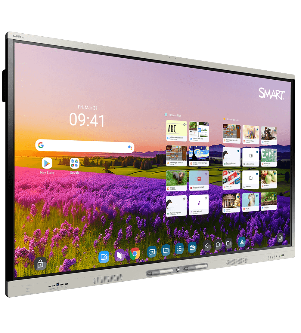 SMART Board MX (V5) series official render, angled view showing the iQ home screen — series press image, not size-specific to the 65" MX255-V5