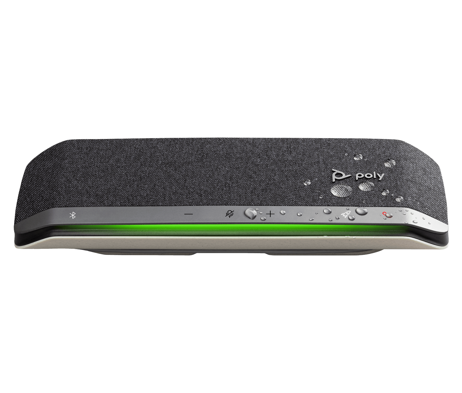 Poly Sync 40 speakerphone with water droplets on the housing, illustrating its IP64 dust and water resistance