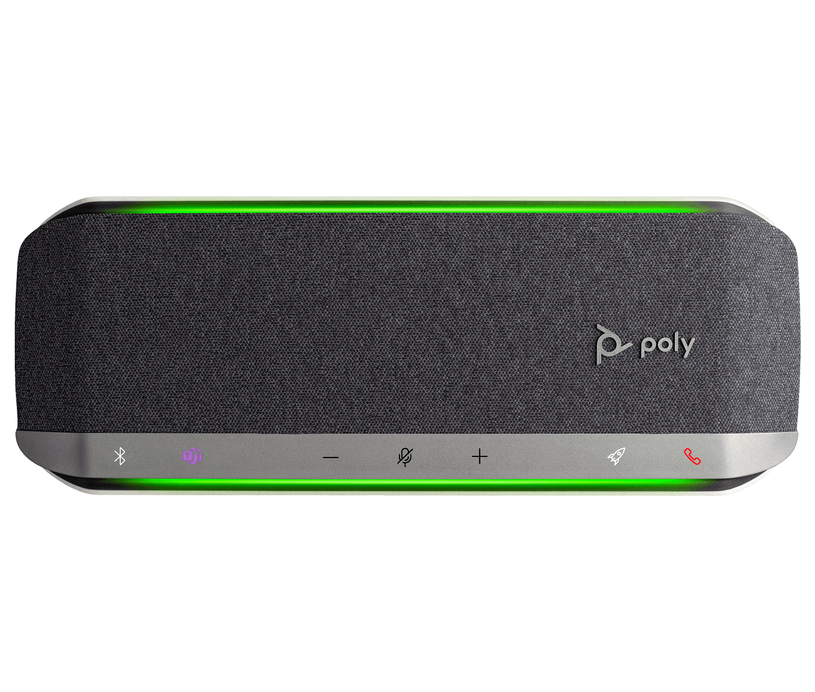 Poly Sync 40-M seen from above, showing the full touch-control strip with the Microsoft Teams key lit purple and the green status light bar