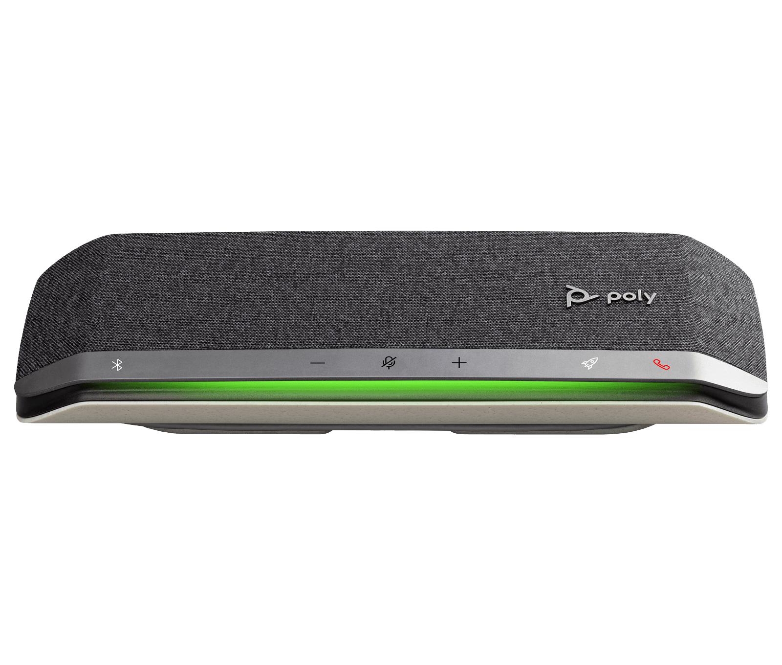 The Poly Sync 40 speakerphone supplied in this bundle, front view with the status light bar lit green