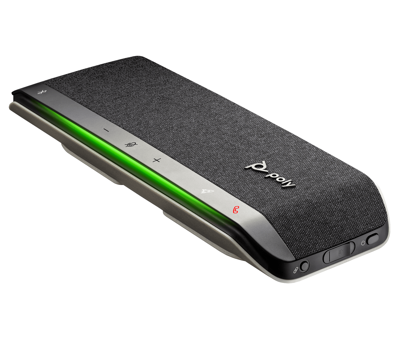 Poly Sync 40 speakerphone at an angle, showing the side power and Bluetooth pairing buttons
