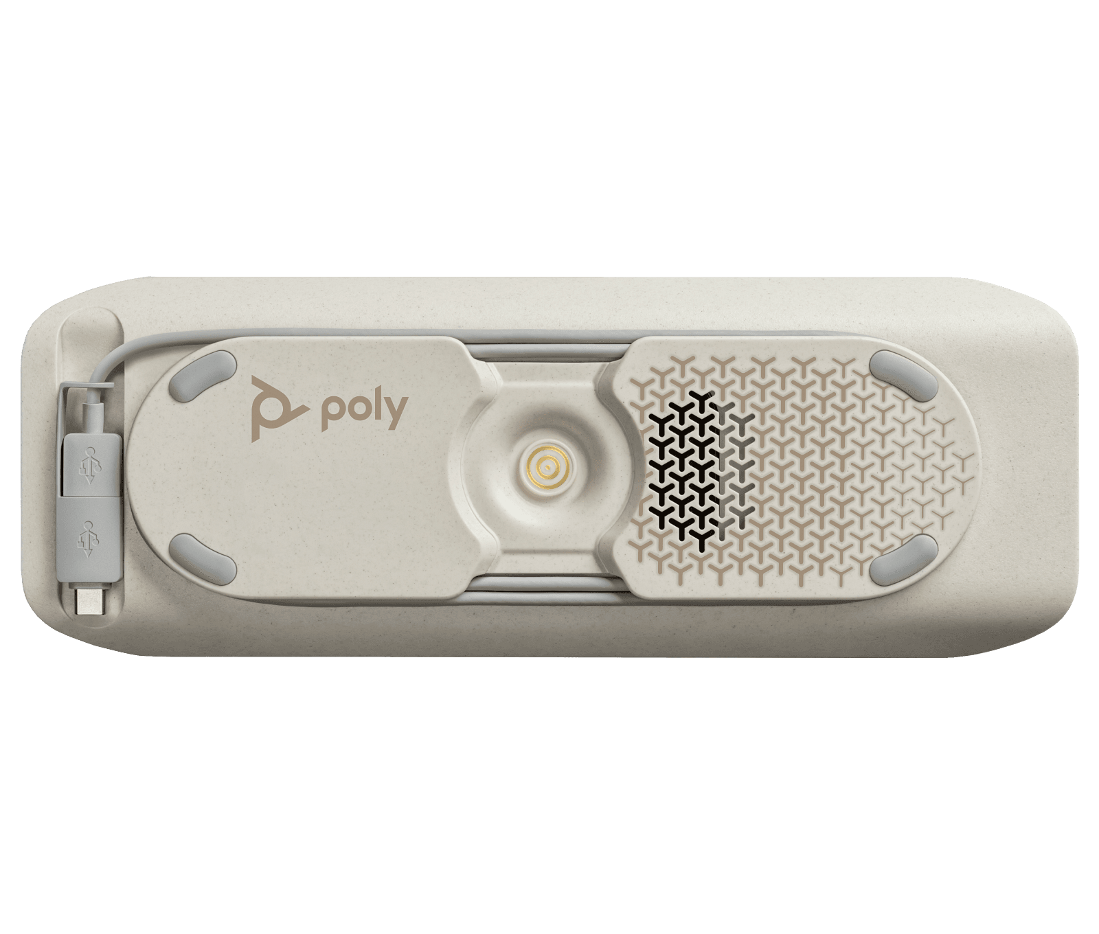 Underside of the Poly Sync 40 showing the recessed cable channel with the combined USB-A/USB-C cable stowed and the non-slip base pads