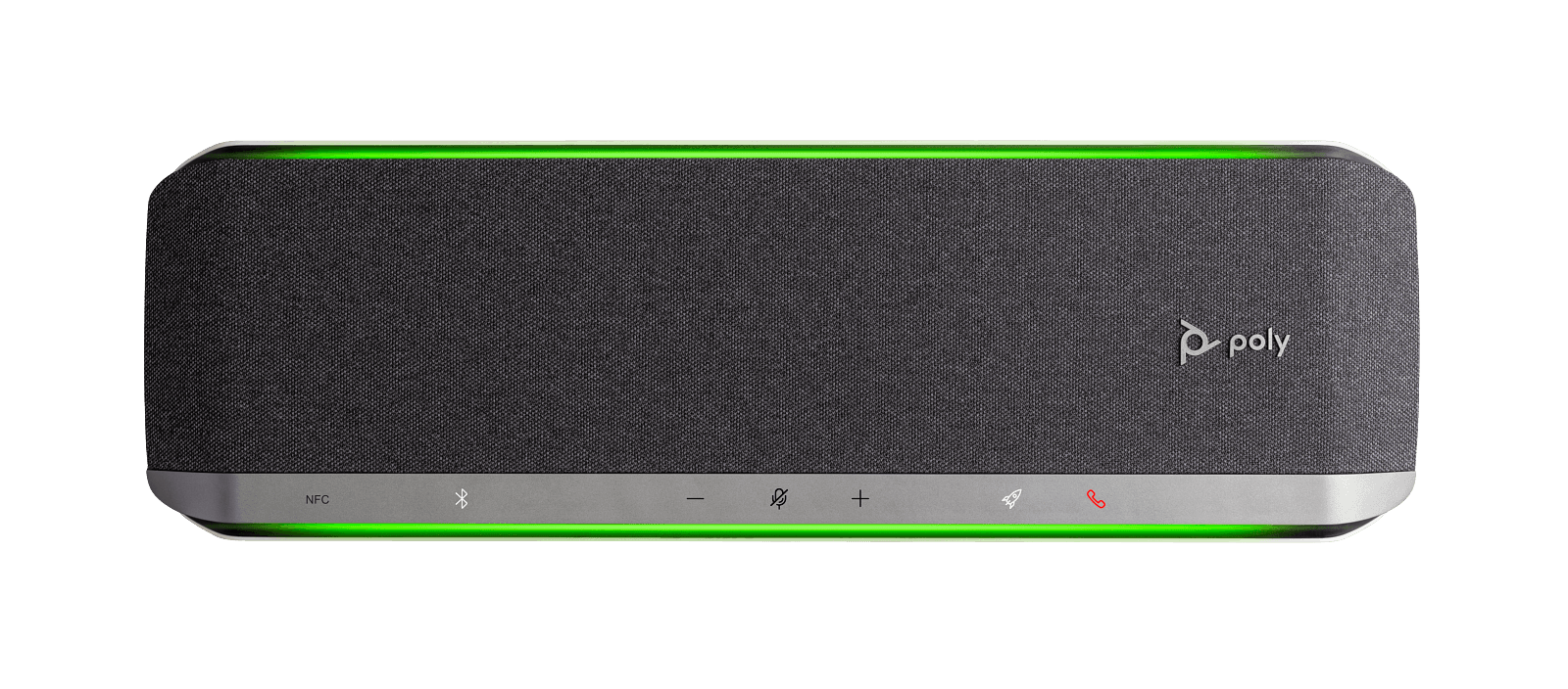 Close front view of the Poly Sync 60 control strip, showing the NFC marking, Bluetooth, volume, mute, daisy-chain and call keys
