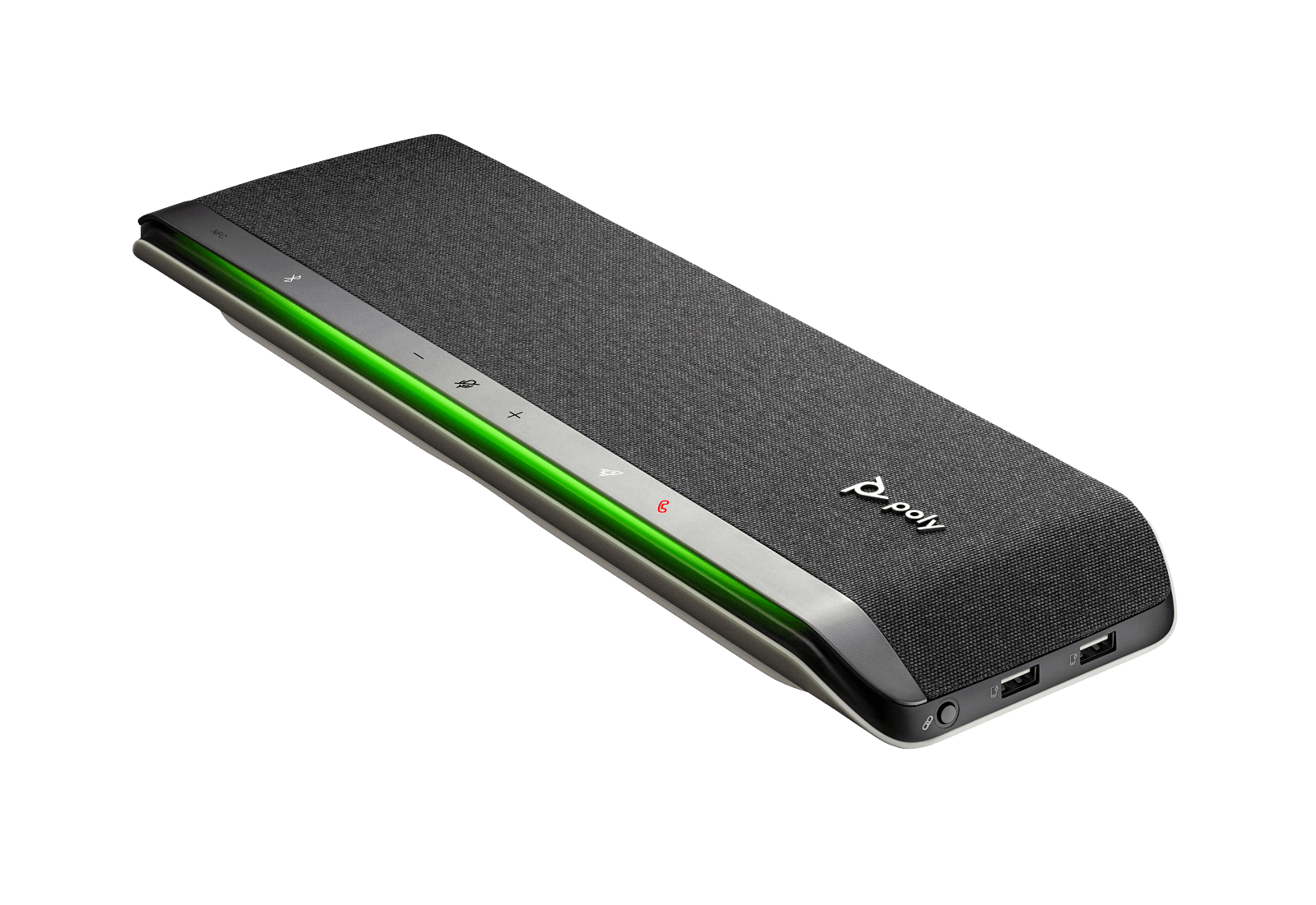 Poly Sync 60 at an angle, showing the two USB Type-A ports on the end of the chassis used for the camera input and device charging