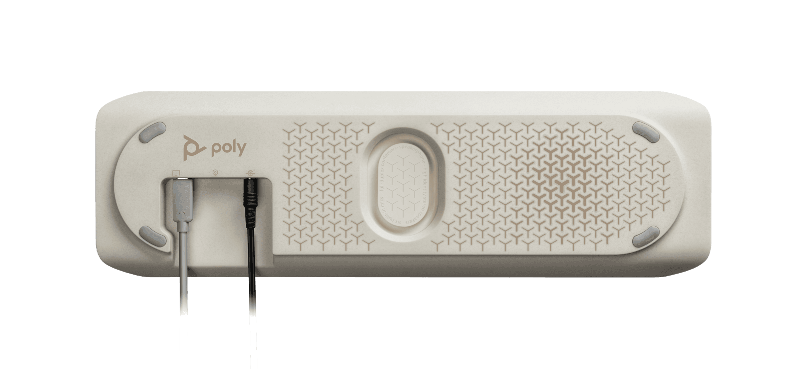 Underside of the Poly Sync 60 showing the textured non-slip base, mounting recess and the USB and power cables connected