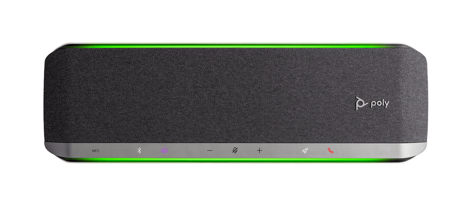 Close front view of the Poly Sync 60-M control strip, showing the NFC marking, Bluetooth key and the purple Microsoft Teams key