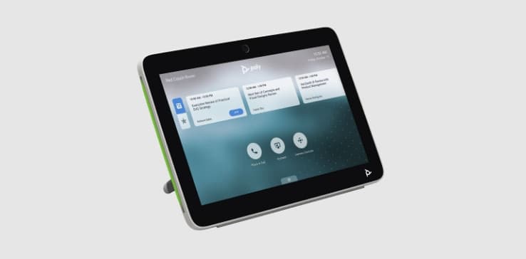 Poly TC10 touch controller in white on its table stand, shown at an angle with the Poly room home screen - the controller supplied in this bundle