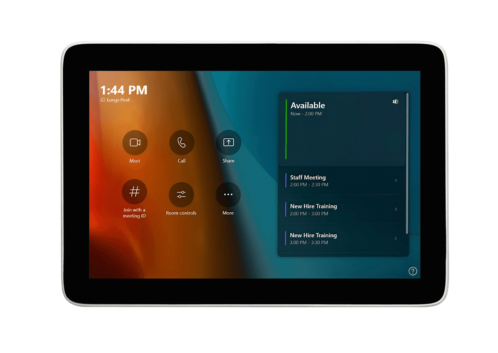 Poly GC8 touch controller in white, front view with the Microsoft Teams Rooms home screen on its 8-inch display - the controller supplied in this kit