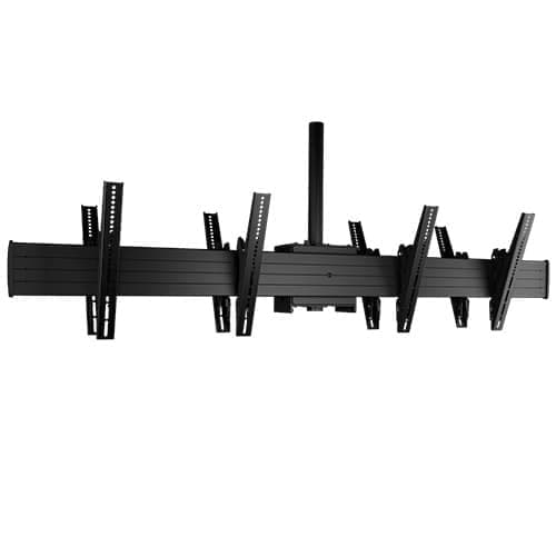 Front elevation of the Chief LCB2X1U back-to-back ceiling menu board mount with no displays fitted, showing the central ceiling column, the two opposed horizontal rails and four pairs of tilting display interface brackets.