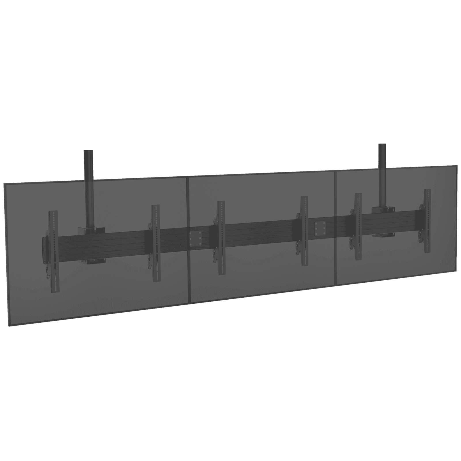 Chief LCM3X1UM modular ceiling menu board mount shown at an angle carrying three shaded landscape display panels in a row, suspended on two black ceiling columns, with the spliced rail and interface brackets visible behind the panels.
