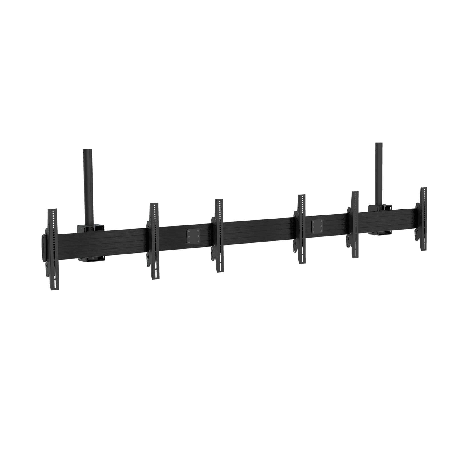 Chief LCM3X1UM modular 3x1 ceiling menu board mount with no displays fitted, showing the rail built from sections joined by two rectangular splice plates, six display interface brackets and two ceiling columns.