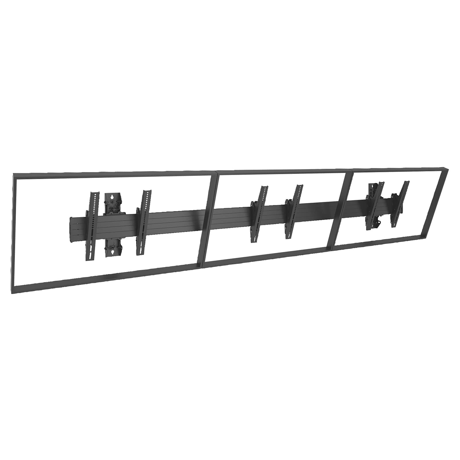 Chief LWM3X1U wall-mounted menu board mount seen at an angle carrying three outlined landscape displays side by side on one continuous black horizontal rail, with the tilting display interface brackets visible through the panels.