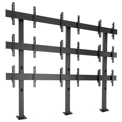 Chief LBM3X3U Fusion 3x3 landscape bolt-down video wall stand in black, shown empty, its columns ending in floor base plates.