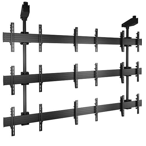 Chief LCM3X3U Fusion 3x3 ceiling-mounted video wall structure in black, shown empty, with the ceiling mount brackets at the top of the frame.