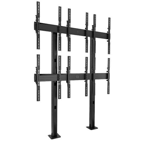 Chief LBM3X2UP Fusion 3x2 portrait bolt-down video wall stand in black, shown empty, with six tall portrait screen interfaces in two rows.