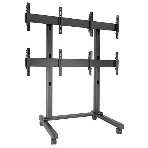 Chief LVM2X2U Fusion 2x2 landscape video wall cart in black, shown empty: two vertical columns carrying two rows of landscape screen rails on a rolling caster base.