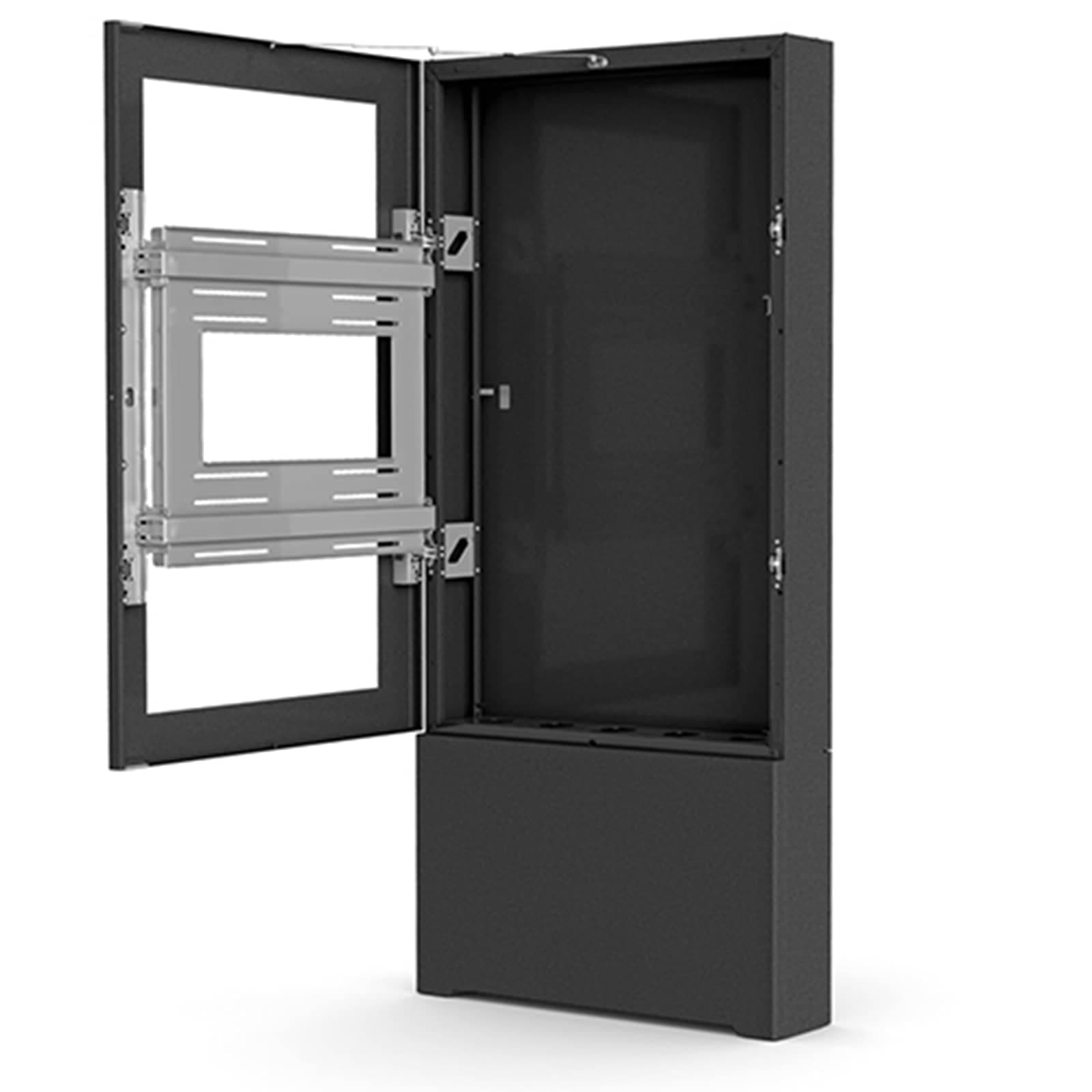 Chief Impact LF55UBP in black with the front door swung open, showing the display mounting bracket carried on the door and the empty AV storage base with cable knockouts.