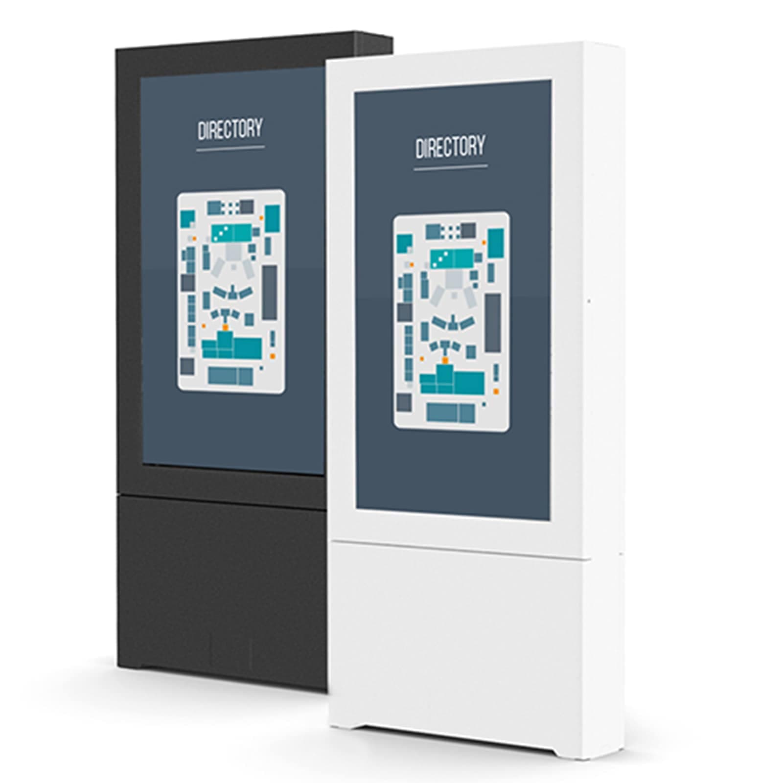 Chief Impact 55-inch portrait floor kiosks shown in black and white side by side running a wayfinding directory. Series image: the white unit is this LF55UWP, the black unit is the LF55UBP.