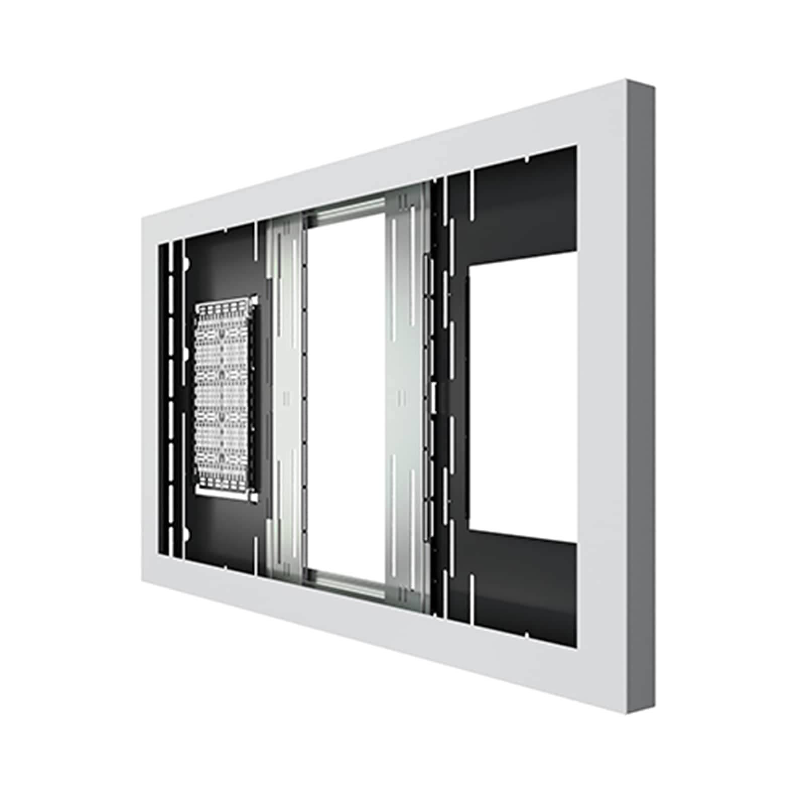 Chief Impact on-wall kiosk enclosure in white shown open with no display fitted, revealing the internal rails, wall plate and extension mechanism. Series image — the unit shown is the 55-inch model in the same range.