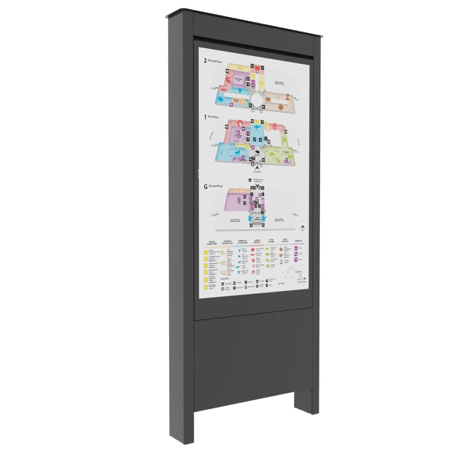 Chief Impact outdoor portrait floor kiosk in black with a display fitted showing a wayfinding map, front three-quarter view. Series render — the same enclosure is used across the 49-inch and 55-inch Samsung versions.
