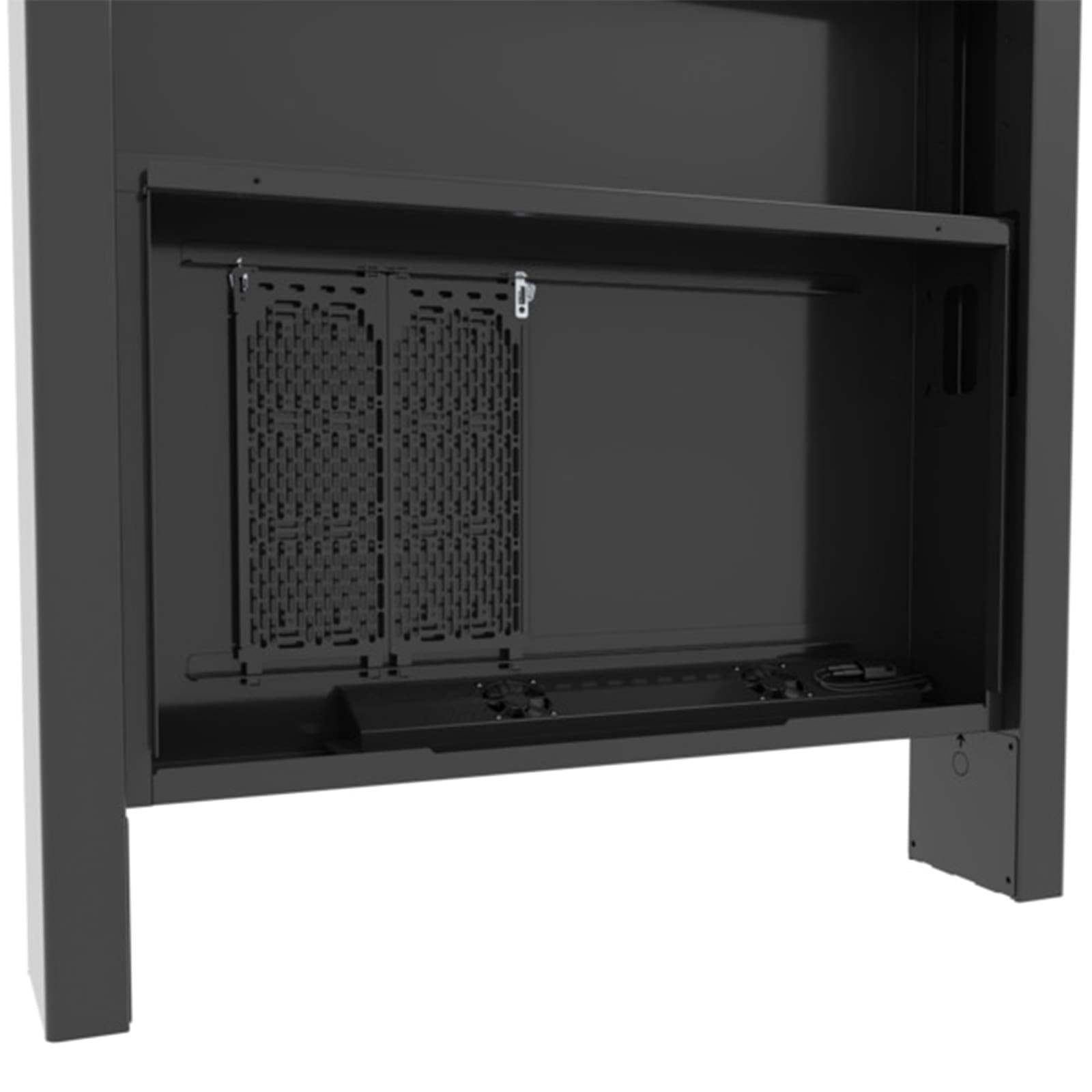 Close-up of the Chief Impact outdoor kiosk's lower storage compartment opened, showing the perforated equipment mounting plate, cooling fans and cable management tray. Series render.