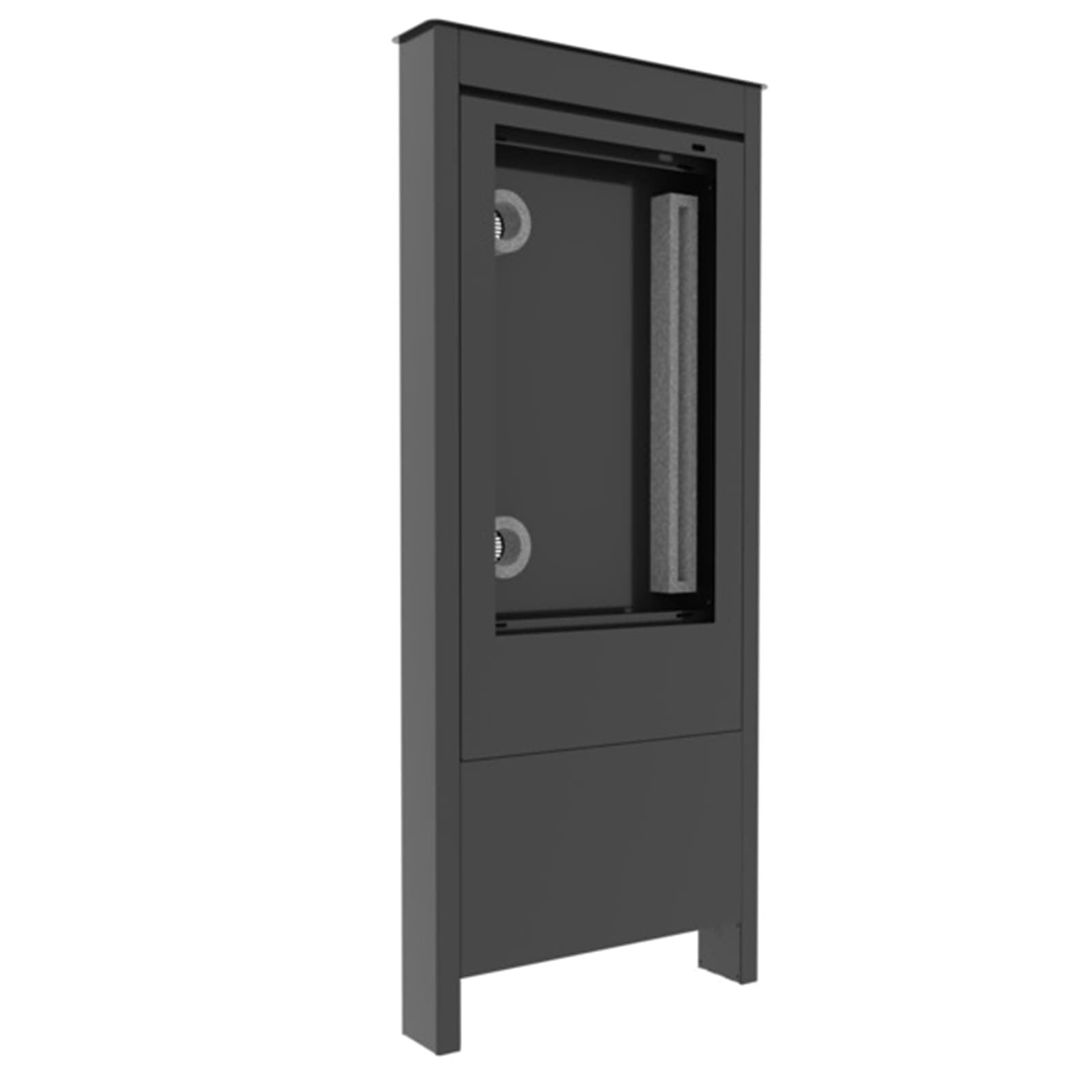 Chief Impact outdoor portrait floor kiosk in black with no display fitted, showing the empty aperture, thermal vents and internal mounting rails. Series render — shared across the 49-inch and 55-inch LG versions.