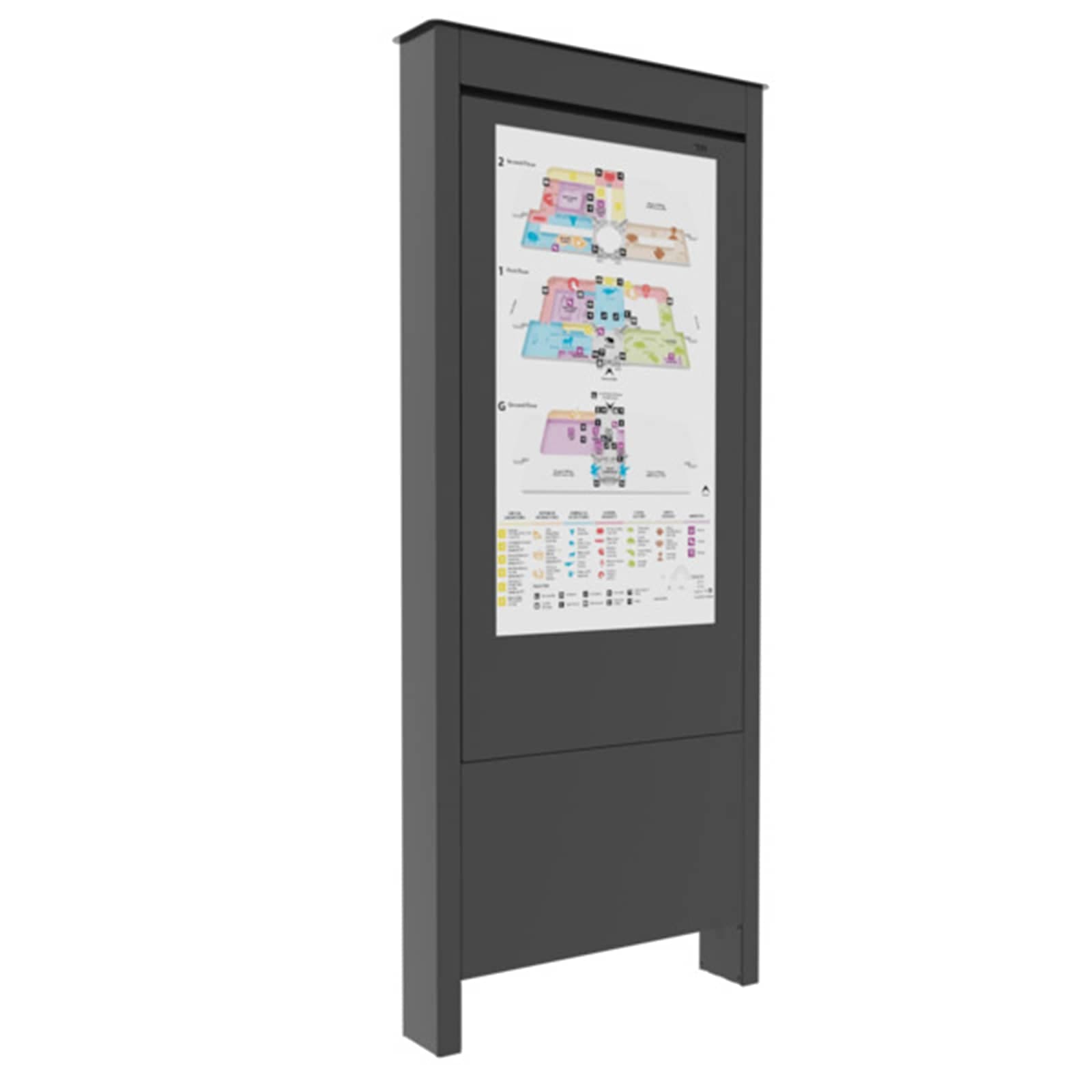 Chief Impact outdoor portrait floor kiosk in black with a display fitted showing a wayfinding map, front three-quarter view. Series render — the same enclosure is used across the 49-inch and 55-inch LG versions.