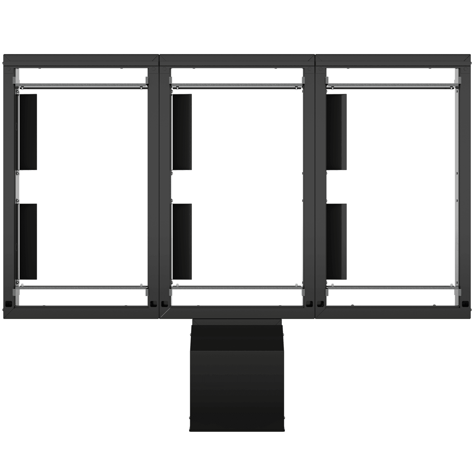 Chief Velocity ODMB3X1 triple outdoor pedestal system in black, straight-on front view with no displays fitted, showing three open portrait frames in a row above the pedestal base.