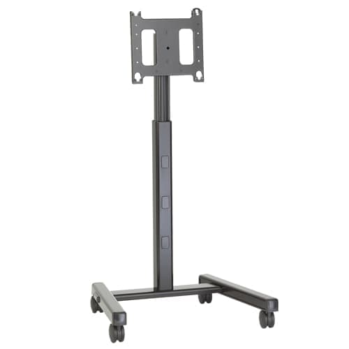 Chief PFCUB mobile AV cart in black, front three-quarter view with the universal interface bracket fitted and no display, showing the telescoping column and four-castor base.