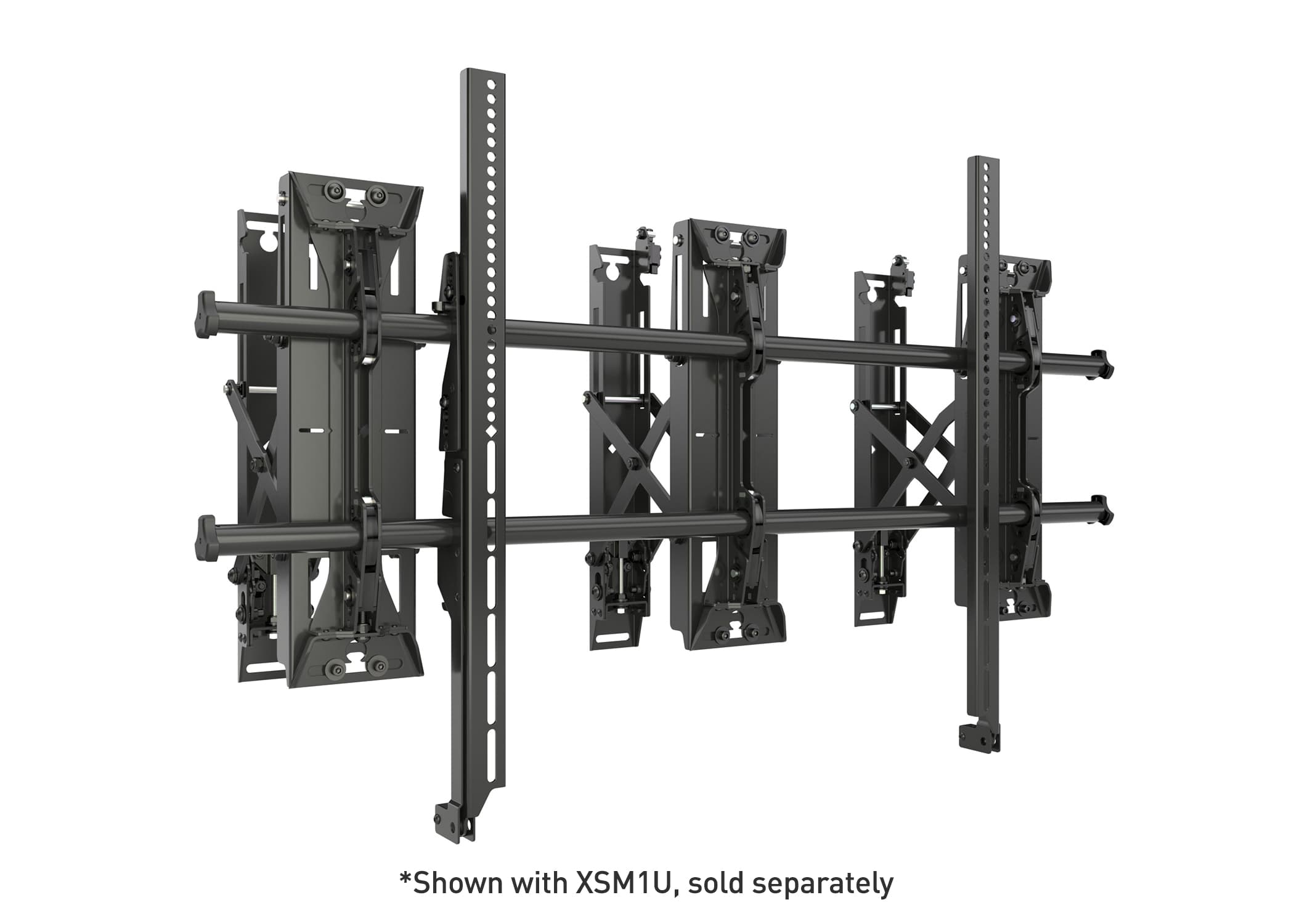 The FCAXV1U scissor arms extended on a Fusion wall mount rail assembly; the caption on the image notes the XSM1U mount shown is sold separately.