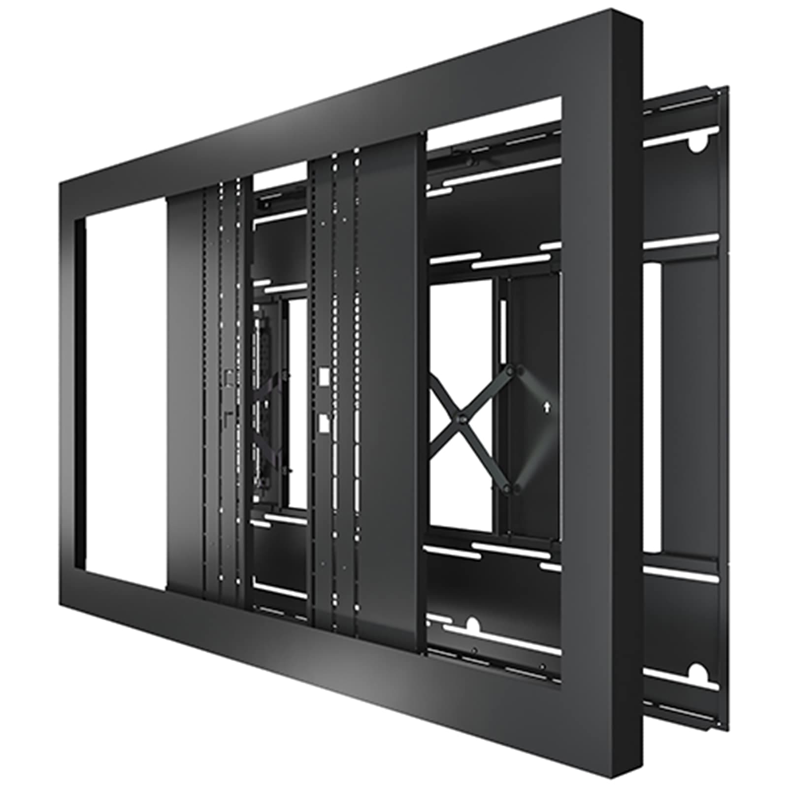 Chief LW55UB black enclosure shown with the front frame extended away from the wall plate, exposing the internal rails and scissor linkage