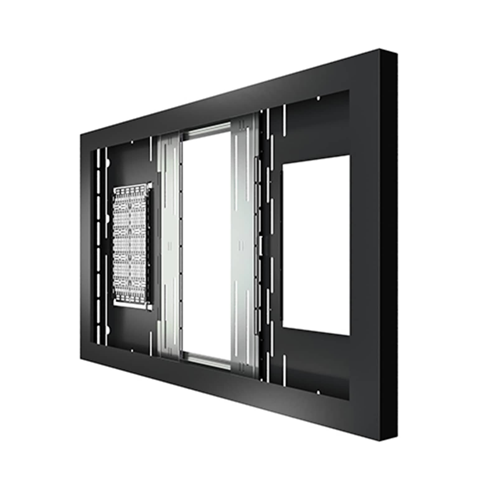 Chief LW55UB black enclosure with the door removed, showing the internal display mounting rails, cable openings and vented equipment tray