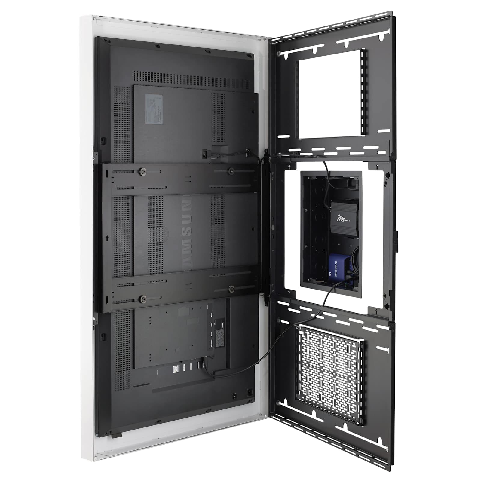Chief LW55UWP white portrait enclosure hinged open, a display mounted on the door leaf and a media player fitted to the wall plate behind