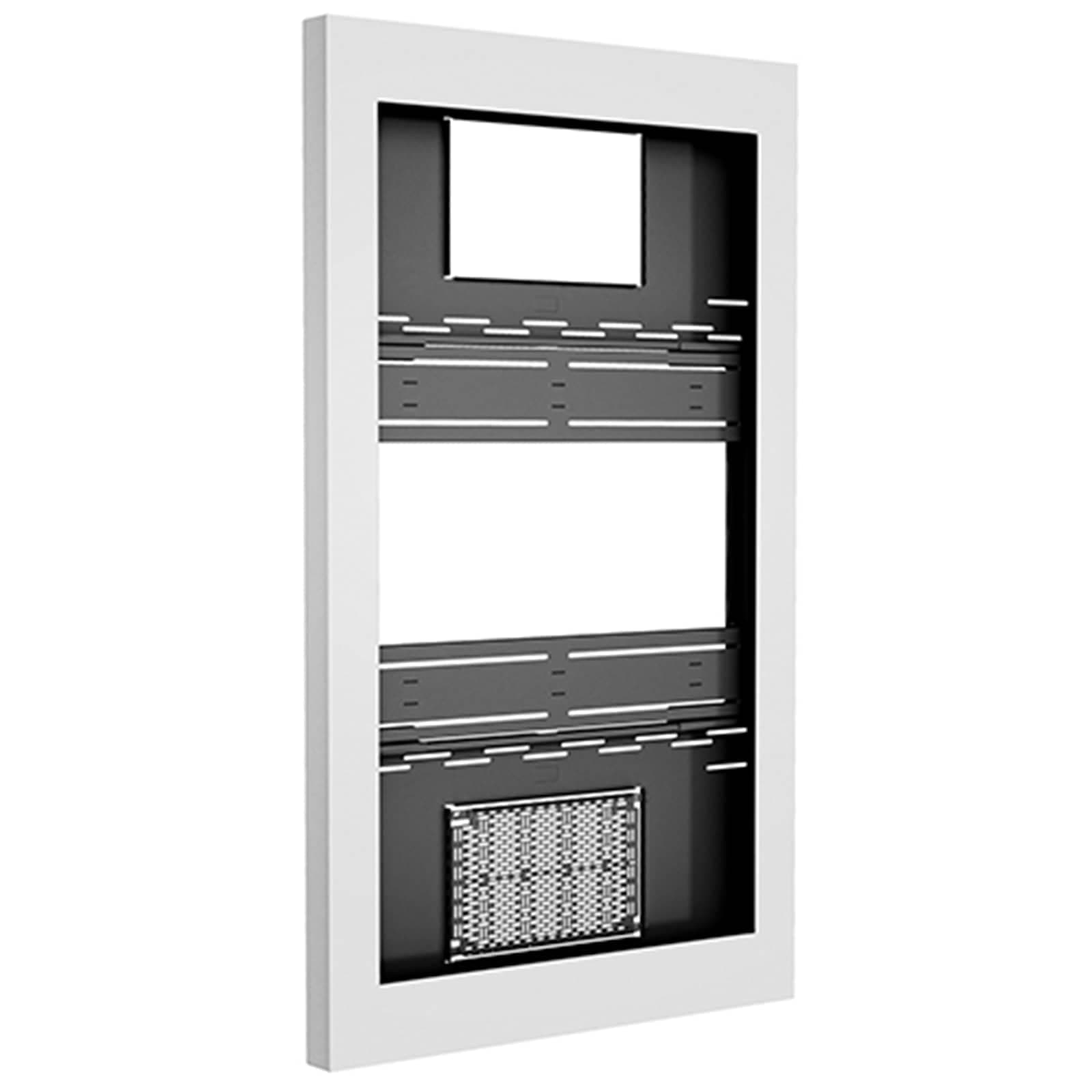 Chief LW65UWP Impact on-wall kiosk enclosure in white, portrait 65 inch, door removed to show the internal display rails, cable aperture and vented equipment tray