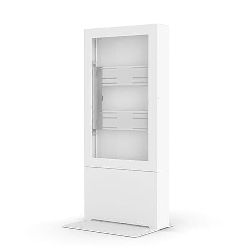 Application view of the white PACLFW base in use, shown supporting a Chief Impact portrait floor kiosk enclosure - the kiosk enclosure and display are not included
