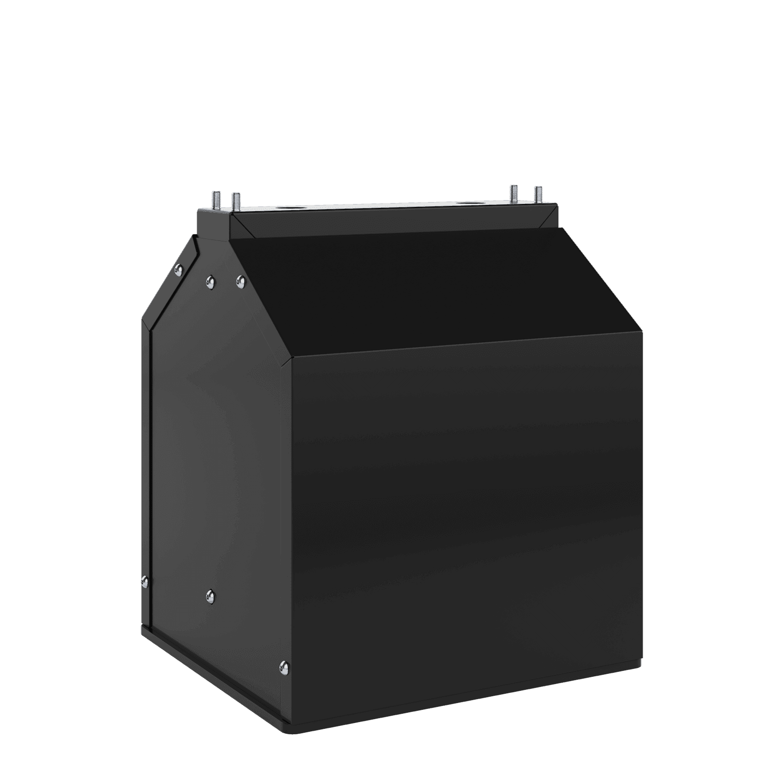 Chief Velocity pedestal modular base: a black sheet-steel enclosure with a sloped top, bolt studs on the upper flange for the pedestal frame, and screw-fixed side access panels. Manufacturer render supplied for the ODMPB1; the file is a Velocity series asset rather than a SKU-named photograph.