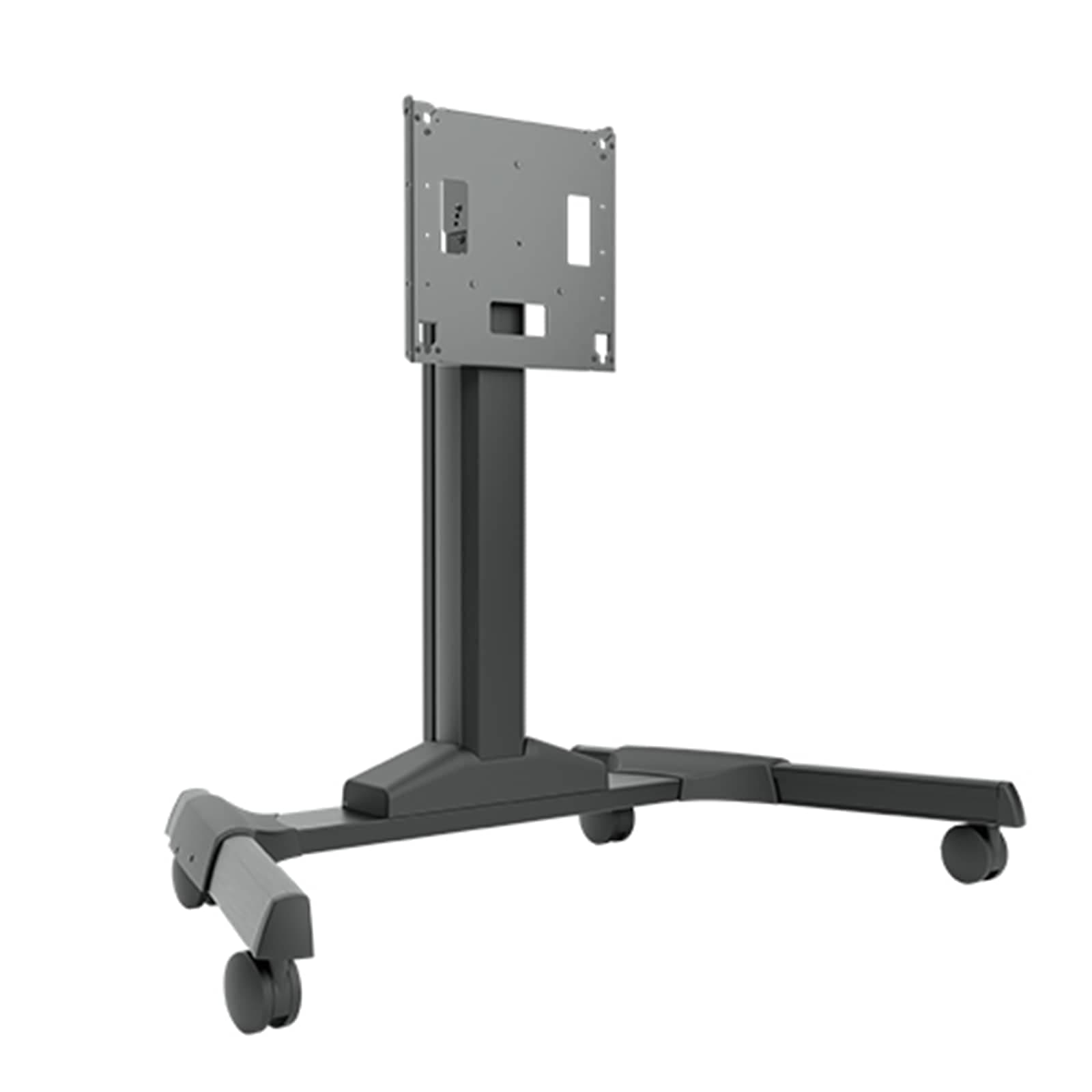 Chief LPE1U electric height-adjustable flat panel cart in black, shown from the front with an empty VESA interface plate and a four-caster base. Legrand publishes this photograph for the LPE1U; the -UK part number is the same cart with a UK mains lead.