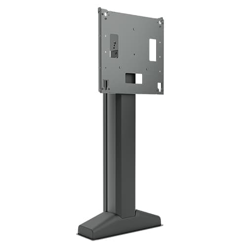 Chief LFE1U electric height-adjustable floor support mount in black, shown from the front on its weighted floor plate with an empty VESA interface. Legrand publishes this photograph for the LFE1U; the -UK part number is the same mount with a UK mains lead.
