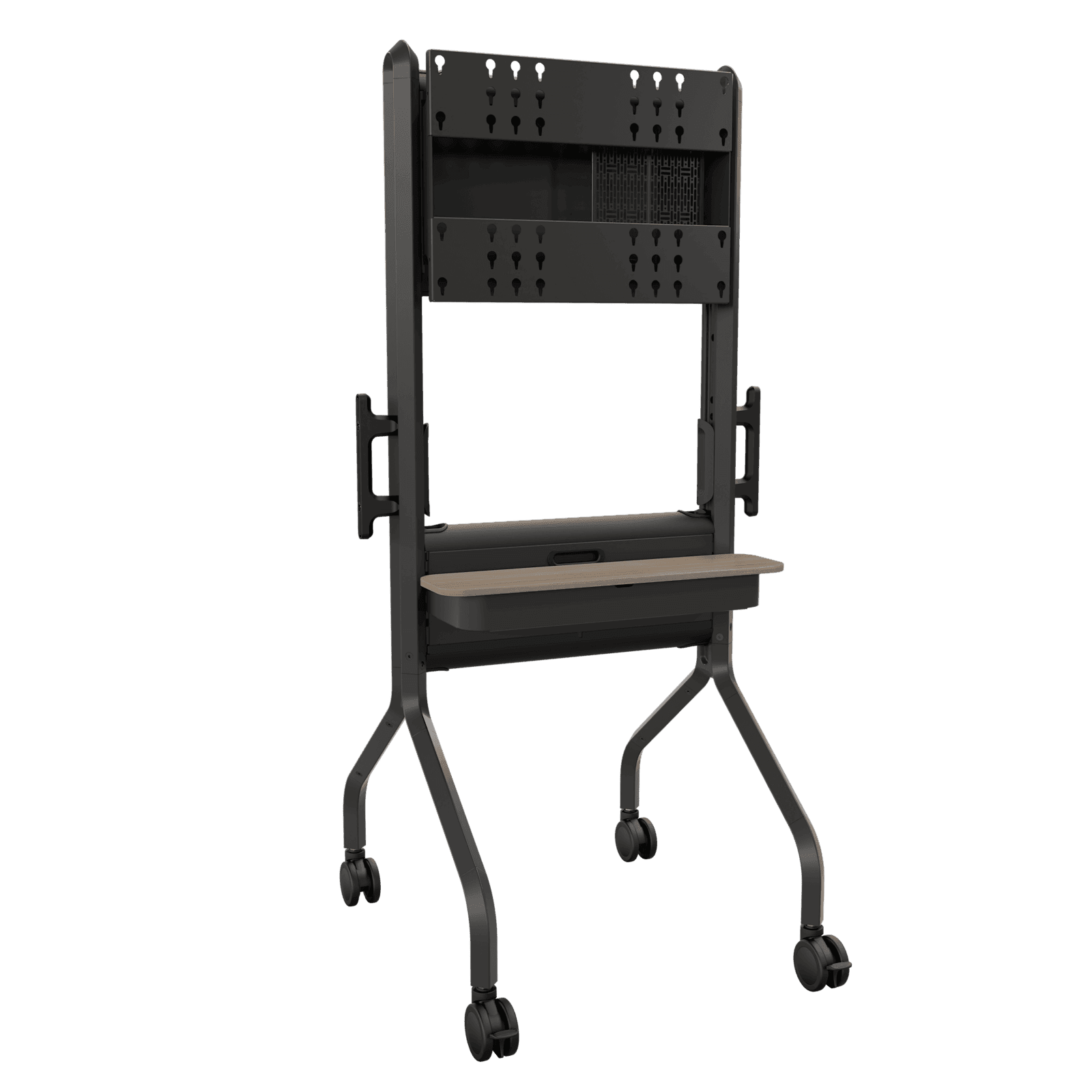 Chief Voyager mobile AV cart in black, shown without a display so the mounting rail, concealed storage bay and casters are visible. The woodgrain shelf shown is the SCSSB accessory, sold separately.