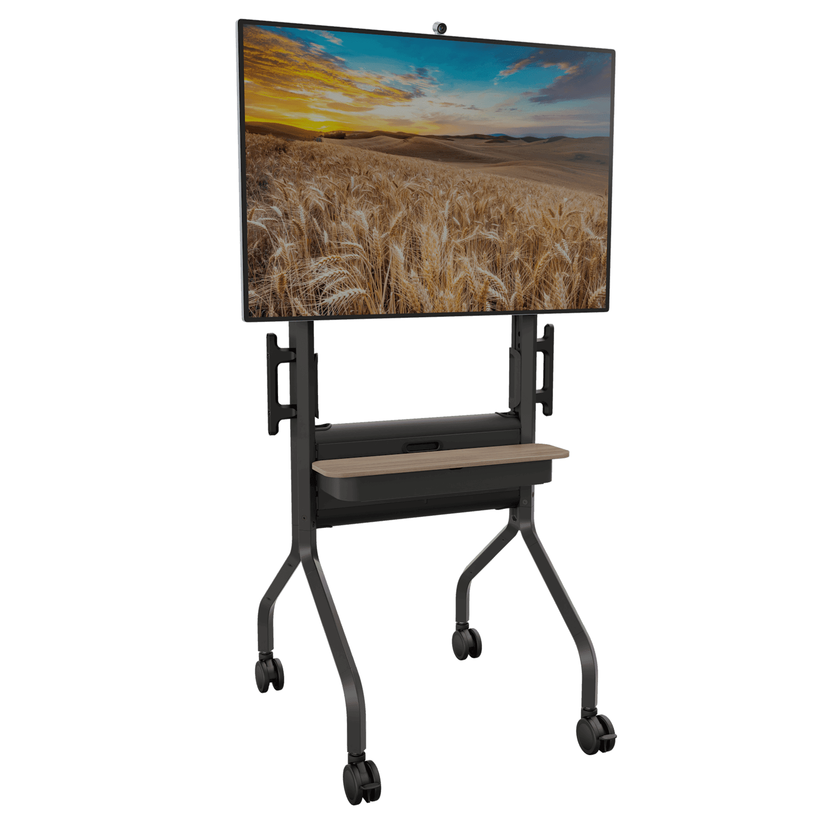 Black Chief Voyager cart carrying a landscape flat panel display, front three-quarter view.