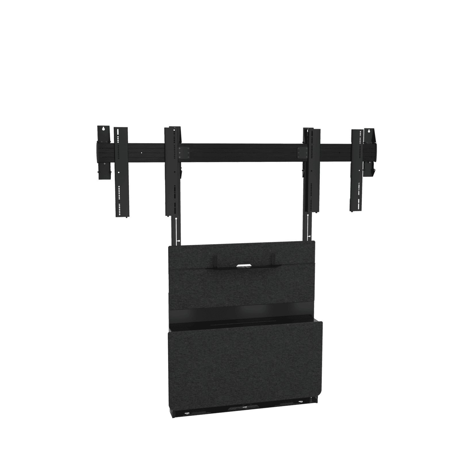 Chief Forum floor support mount fitted with the dual-display rail and two display interfaces, shown from the front with the felt-faced body and storage door. This is Legrand's render of the assembled dual-display configuration rather than a photograph of the TFSA2L kit on its own.