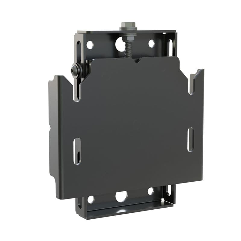 Chief FMSCB Fusion menu board ceiling back-to-back adapter in black, three-quarter view showing the flat slotted interface plate held between an upper and a lower channel bracket with the threaded adjustment rod at the top.