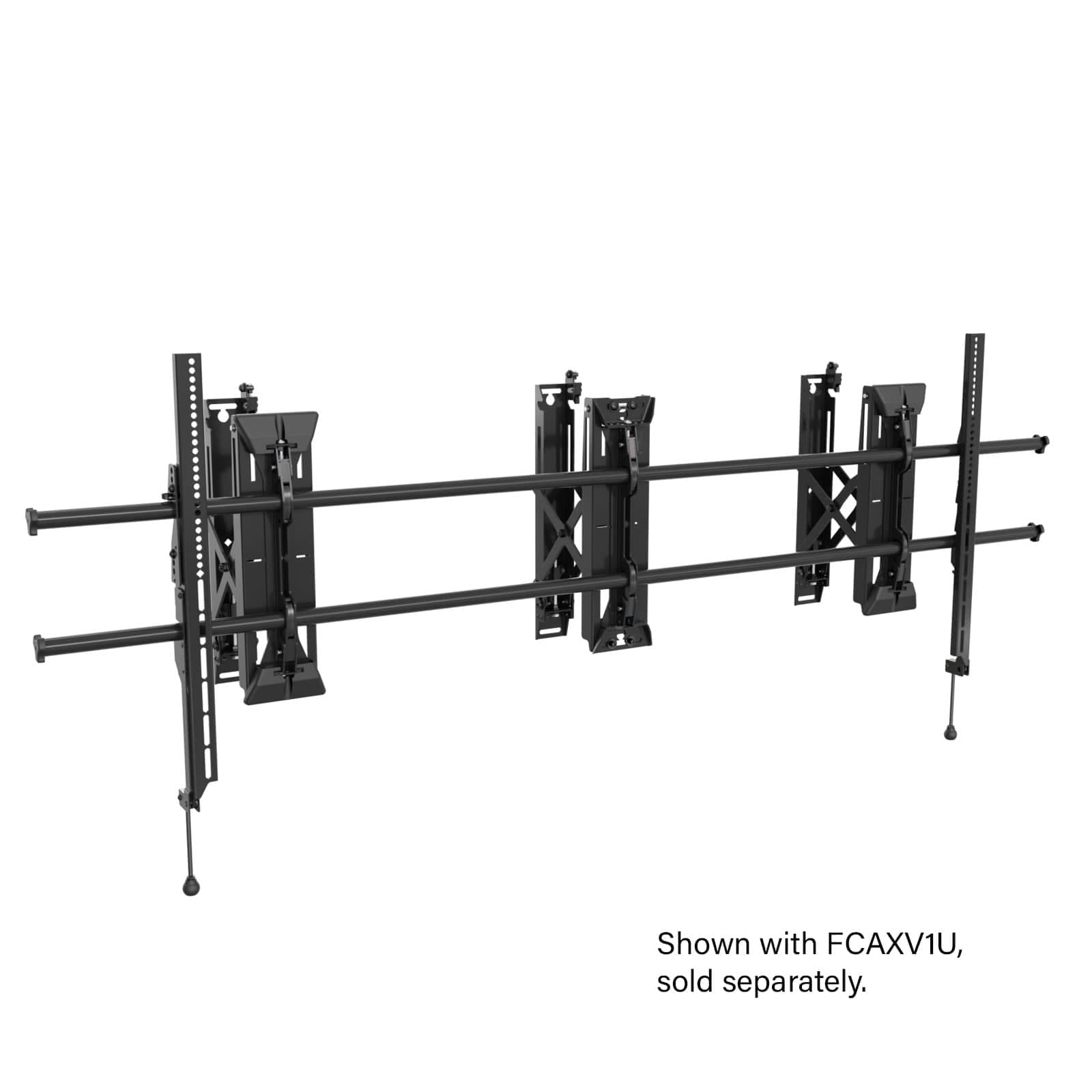 Chief ultrawide micro-adjustable wall mount kit shown as a wide horizontal rail with three interface brackets. Note: Legrand publishes no photograph of the KITXWXSM1U itself - every image on its product record is named for the sibling KITWXSM1U (the large kit), so the unit pictured is a different size in this range. Legrand's own caption also reads 'Shown with FCAXV1U, sold separately'.
