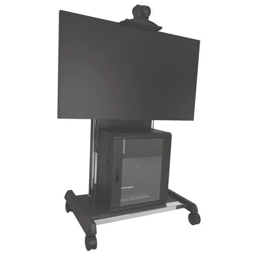 Chief XVAUB Fusion video conferencing cart in black, three-quarter view on castors, with the enclosed equipment cabinet below a mounted landscape display and a camera on top. Display and camera are not included.