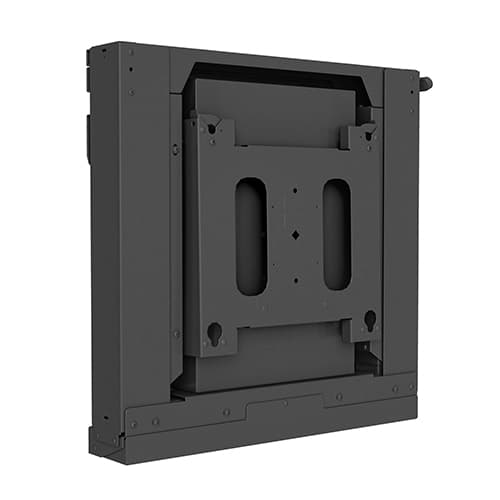 Chief XSD1U electric height-adjustable wall mount in black, rear three-quarter view showing the wall plate, display interface and the motorised lift box below it.