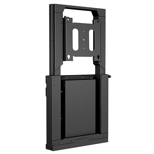 Chief XSD1U wall mount seen from the front with the display interface raised clear of the lift housing, showing the full extent of the vertical travel.