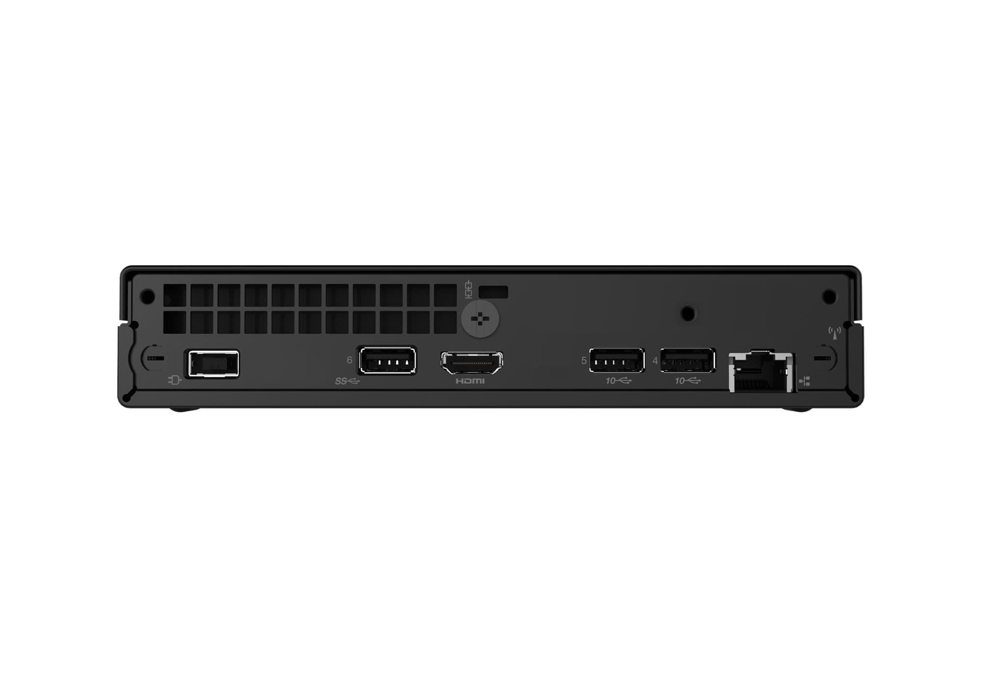 Lenovo ThinkSmart Tiny Kit Meeting Room Compute Kit with ThinkSmart Controller — rear of the compute unit showing the display outputs, USB, Ethernet and power connectors. Official Lenovo product image.