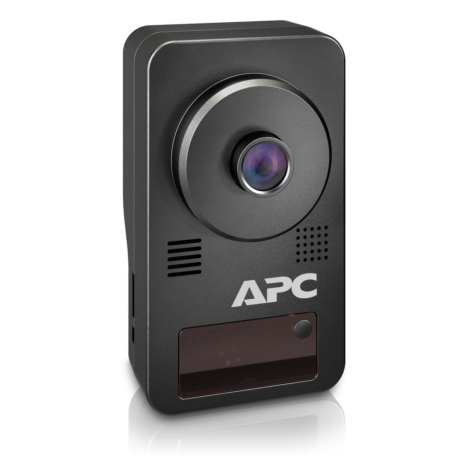 APC NetBotz Camera Pod 165 front three-quarter view, showing the lens, the microphone and speaker grilles, the infrared window and the APC branding - manufacturer product image