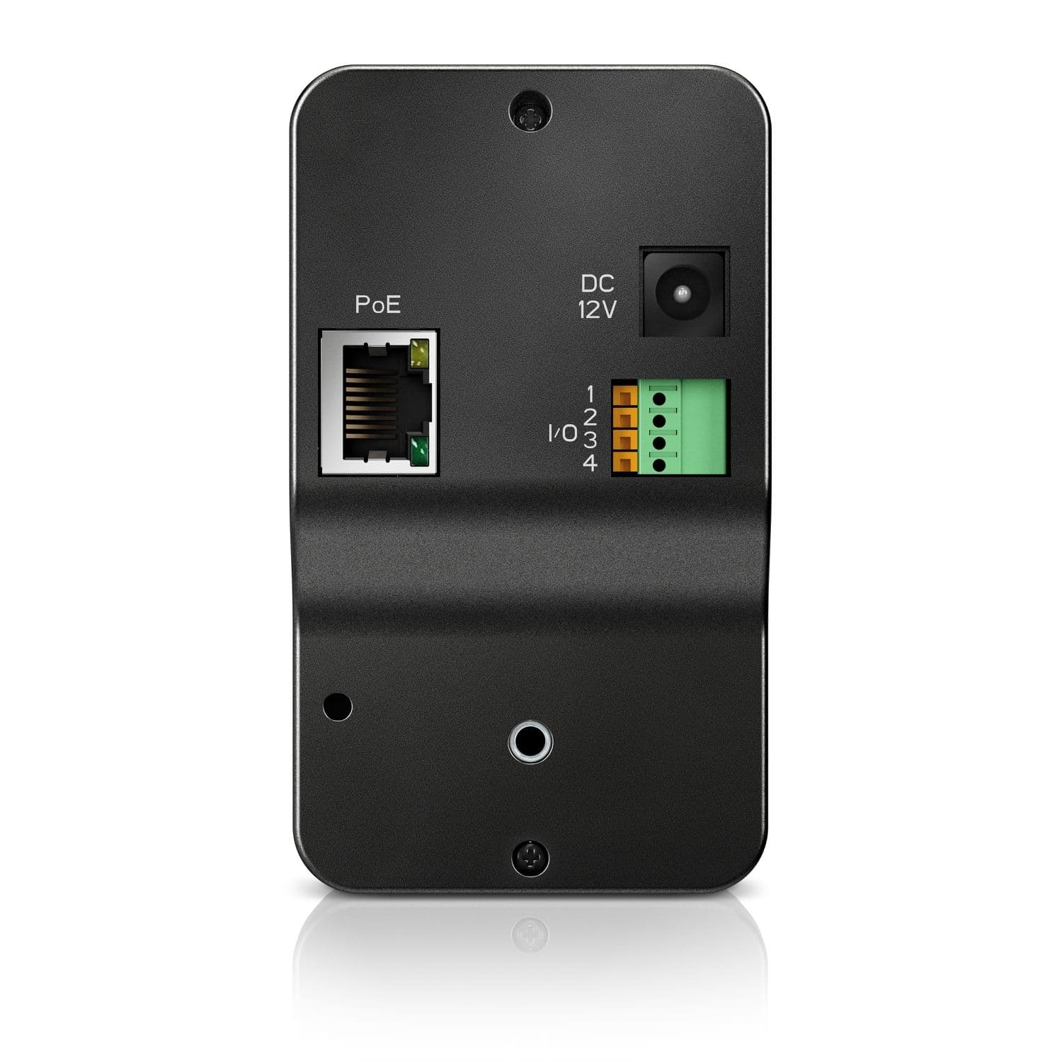 Rear of the APC NetBotz Camera Pod 165, showing the PoE RJ45 port, the 12 V DC jack, the four-pin I/O terminal block and the mounting hole - manufacturer product image